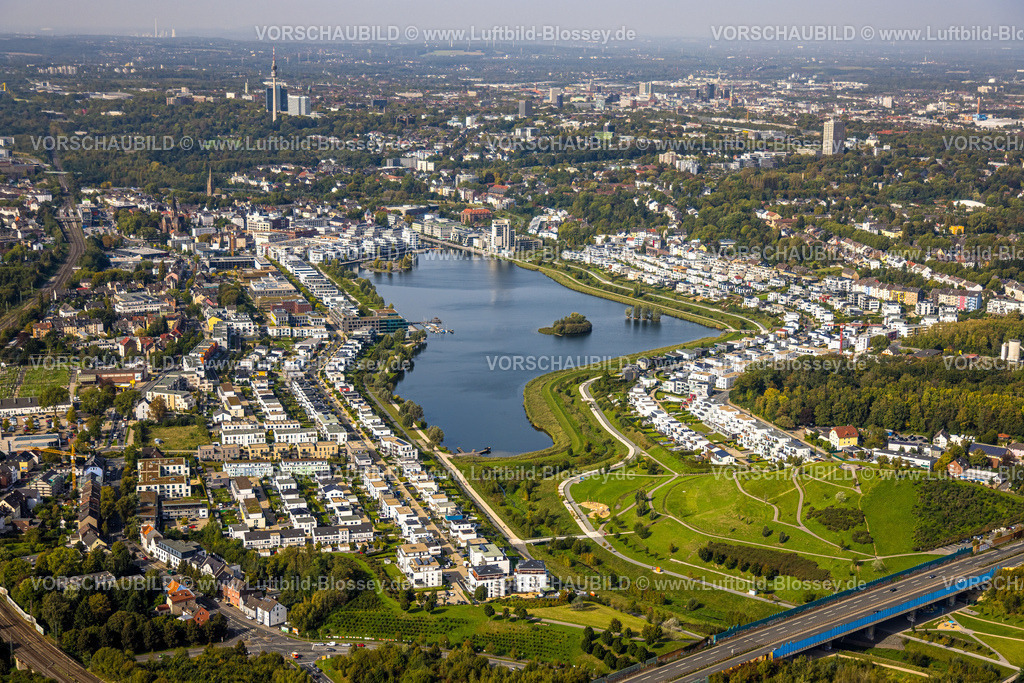 Dortmund231000218 | Luftbild, Phönix-See Naherholungsgebiet und Ausflugsziel mit Wohngebiet, ehemaliges Stahlwerksareal Phoenix-Ost, Hörde, Dortmund, Ruhrgebiet, Nordrhein-Westfalen, Deutschland
