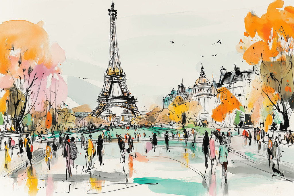 2602047 - Pariser Spaziergang | Eine lebendige, skizzenhafte Interpretation von Paris mit dem Eiffelturm als zentrales Motiv. Locker gesetzte Linien und transparente Farbakzente in Orange und Türkis verleihen der Szene eine dynamische, zeitgenössische Leichtigkeit.