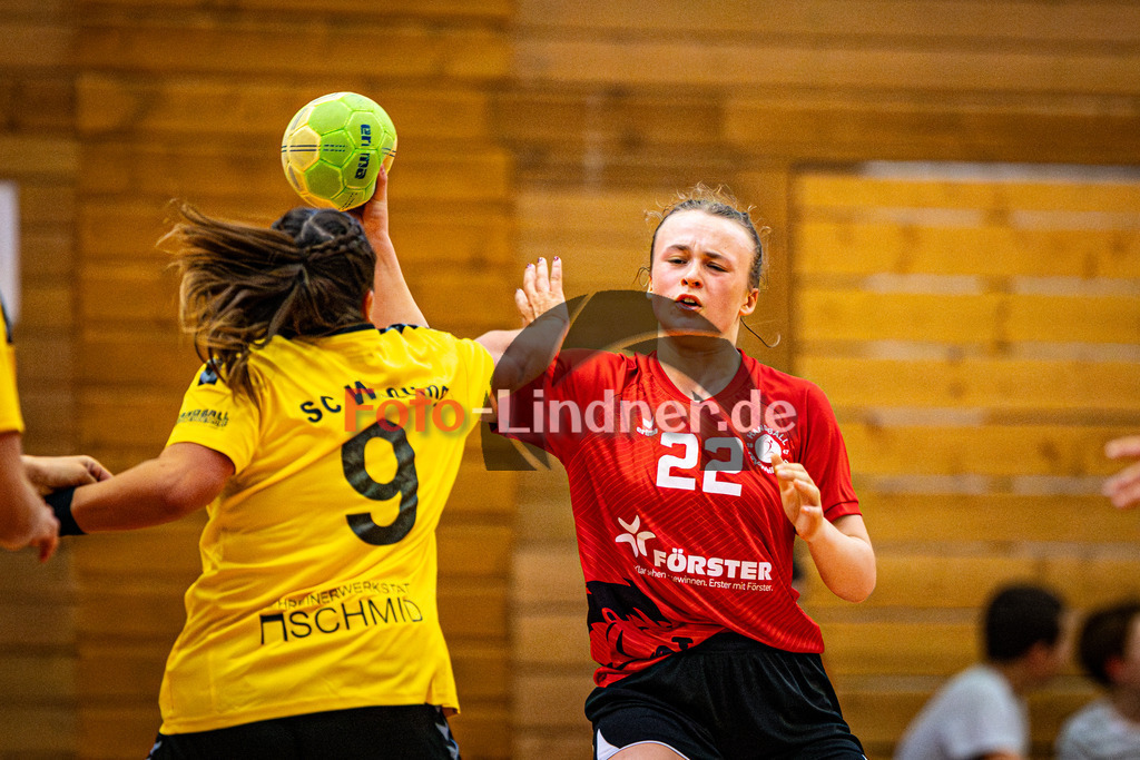 TSV Weiheim gegen SC Weßling | Habdball Bezirksoberliga Frauen 2025/26, TSV Weiheim gegen SC Weßling, 20251025,Leonie SPREITZER (TSV Weilheim 22) am Ball,2025-10-25 in Weilheim (Jahnhalle)Leonie SPREITZER (TSV Weilheim 22), Lara WIELAND (SC Weßling 9)Copyright: WolfgangxLindner