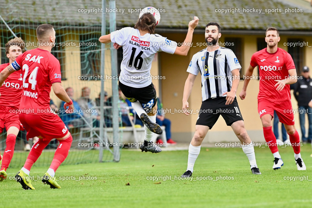SVG Bleiburg vs. SAK 23.9.2023 | #24 Zoran Vukovic (K) SAK, #16 Miha Vidmar SVG Bleiburg, #10 Dominik Peketz SVG Bleiburg, #22 Leo Ejup SAK, SVG Bleiburg vs. SAK 23.9.2023, SVG Bleiburg vs. SAK am 23.09.2023 in Bleiburg (Karl Kornberger Stadion), Austria, (Photo by Bernd Stefan)