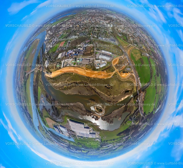 Wesel240390065Suedumgehung_B58n_Lippemuendung | Luftbild, Lippemündungsraum Naturschutzgebiet und Baustelle Südumgehung B58n, Erdkugel, Fisheye Aufnahme, Fischaugen Aufnahme, 360 Grad Aufnahme, tiny world, little planet, fisheye Bild, Wesel, Nordrhein-Westfalen, Deutschland
