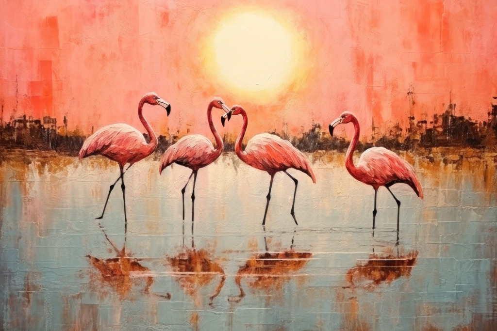 2308023 - Flamingos | Bestellen Sie dieses digitale Gemälde von Flamingos im Abendrot als hochwertigen Kunstdruck auf Leinwand, Acrylglas, Alu-Dibond oder als Poster. Das Bild wurde digital erstellt und hat die Anmutung eines Gemäldes.