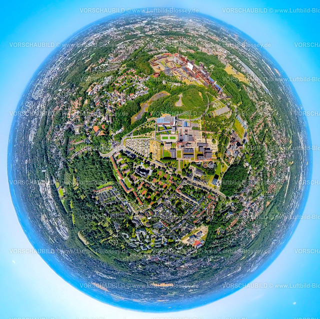 Essen230790064_ZecheZollverein | Luftbild, Zeche Zollverein, Unesco-Welterbe, Erdkugel, Fisheye Aufnahme, Fischaugen Aufnahme, 360 Grad Aufnahme, tiny world, Stoppenberg, Essen, Ruhrgebiet, Nordrhein-Westfalen, Deutschland