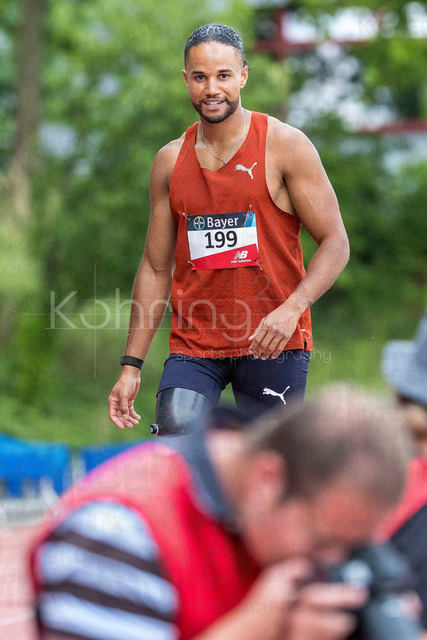Para Heimspiel 7.0; Leverkusen, 18.07.2026 | LEVERKUSEN, GERMANY - JULY 18, 2026 : Noah Mbuyamba (NED/AV Unitas Sittard) reacts in the long jump during the Para Heimspiel 7.0 at Fritz Jacobi Sports Complex on July 18, 2026 in Leverkusen, Germany.