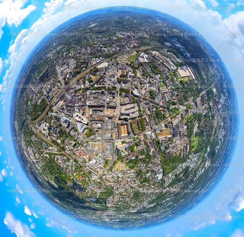 Bochum230890065 City Kortumstrasse | Luftbild, City Innenstadtansicht, Kortumstraße Fußgängerzone, Viktoria-Karree, Rathaus, Baustelle Husemannplatz, Erdkugel, Fisheye Aufnahme, Fischaugen Aufnahme, 360 Grad Aufnahme, tiny world, Gleisdreieck, Bochum, Ruhrgebiet, Nordrhein-Westfalen, Deutschland