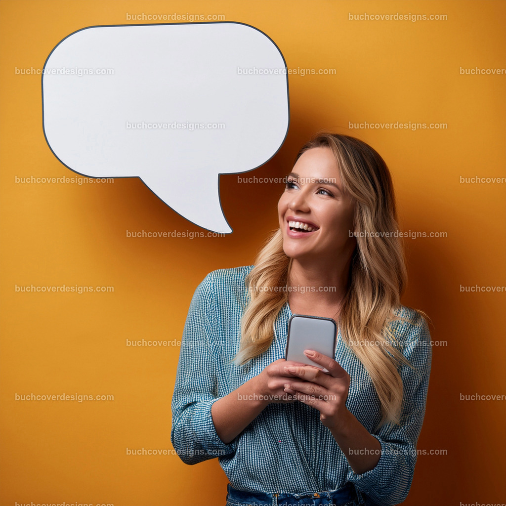 frau mit Mobile Telefon und Sprechblase (21) | Entdecken Sie kreative Buch Cover Designs für Self-Publishing-Autoren und Verlage! Unsere maßgeschneiderten Designs ziehen Leser an und bringen Ihre Geschichten visuell zum Leben. Lassen Sie uns Ihr perfektes Cover gestalten!