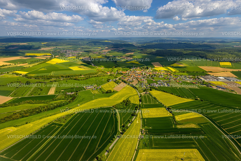 Brakel240504873Erkeln | Luftbild, grüne Wiesen und gelbe Rapsfelder an der Rheder Straße, Blick zum Wohngebiet Ortsansicht Ortsteil Erkeln, Fernsicht und blauer Himmel mit Wolken, Erkeln, Brakel, Ostwestfalen, Nordrhein-Westfalen, Deutschland