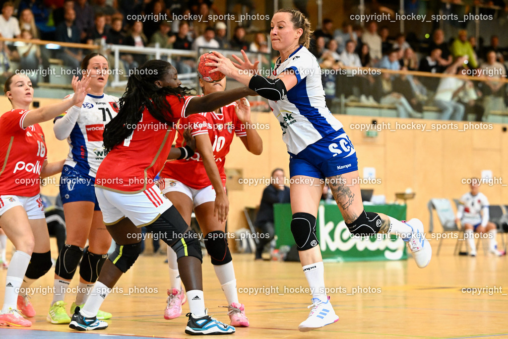 SC Ferlach vs. Sport Lisboa Benfica 30.9.2023 | #18 PESSOA OLIVEIRA Margarida Sport Lisboa Benfica, #71 VONCINA Luna SC Ferlach, #71 VONCINA Luna SC Ferlach, b#6 KAVALAR Anna-Maria SC Ferlach, SC Ferlach vs. Sport Lisboa Benfica 30.9.2023, SC Ferlach vs. Sport Lisboa Benfica am 30.09.2023 in Ferlach (Ballspielhalle Ferlach), Austria, (Photo by Bernd Stefan)