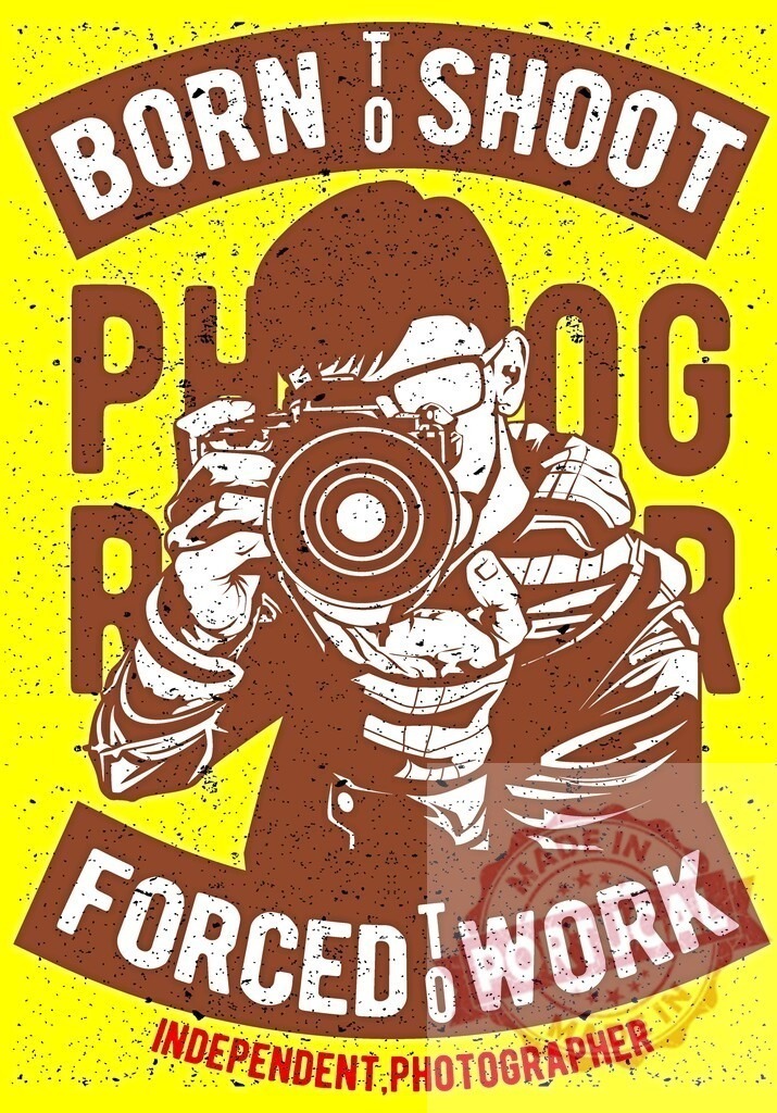 Independent photographer born to shoot forced to work. T-Shirt design | Stylized graphic artwork illustrating a photographer with a camera and passion for photography - Realized with Pictrs.com
