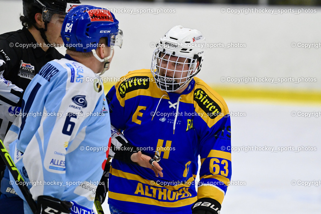 EHC Althofen vs. ESC Steindorf 6.3.2024 | #64 Stichauner Fabian ESC Steindorf, #63 Hammerle Simon EHC Althofen, EHC Althofen vs. ESC Steindorf 6.3.2024, EHC Althofen vs. ESC Steindorf am 06.03.2024 in Althofen (Stadthalle Althofen ), Austria, (Photo by Bernd Stefan)