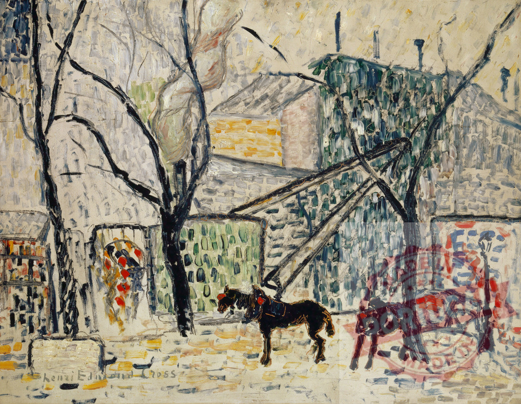 Henri-Edmond Cross neo-impressionist pointillist street scene. Henri Edmund Cross | Henri-Edmond Cross painting a street view with bare trees and horses - Realized with Pictrs.com