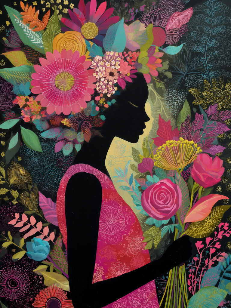 2601014 - Schwarze Silhouette zwischen Blumen | Ein fesselndes Porträt, das Eleganz und Mysterium vereint. Die tiefschwarze, weibliche Silhouette verschmilzt kunstvoll mit farbenfrohen Ornamenten und botanischen Details.