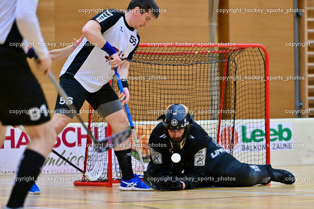 VSV Unihockey vs. IBK CARTOON HEROES | #56 Balázs Német IBK CARTOON HEROES, #94 Bence Borbély IBK CARTOON HEROES, VSV Unihockey vs. IBK CARTOON HEROES, VSV Unihockey vs. IBK CARTOON HEROES am 22.02.2025 in Villach (Ballspielhalle St. Martin), Austria, (Photo by Bernd Stefan)