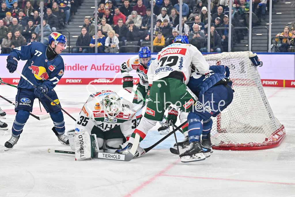 EHC RB München - Augsburger Panther | v. l. Adam BROOKS (EHC RB Muenchen 77), Markus KELLER (Augsburger Panther #35), Riley McCOURT (Augsburger Panther #72) und Christopher DESOUSA (EHC RB Muenchen 82) / Zweikampf / duell / DEL: EHC RB Muenchen - Augsburger Panther, SAP Garden am 23.11.2024
