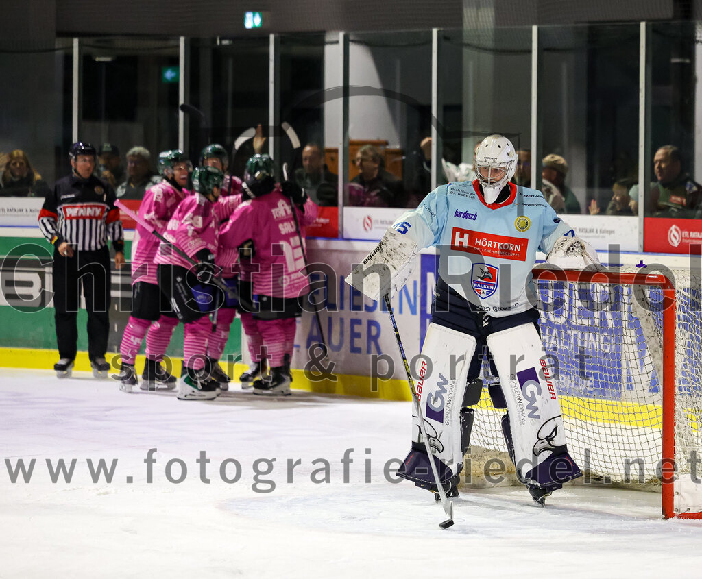 2025-10-05_104_TSV_Erding_gegen_Heilbronner_Falken | Erding, Deutschland, 05.10.2025:Eishockey, Oberliga Süd 2025 / 2026, 6. Spieltag, TSV Erding gegen Heilbronner Falken, Endergebnis: 3:1Jubel nach dem 2:1 durch Luis Scheibengraber (Erding Gladiators, #18)Foto: Christian Riedel / fotografie-riedel.net
