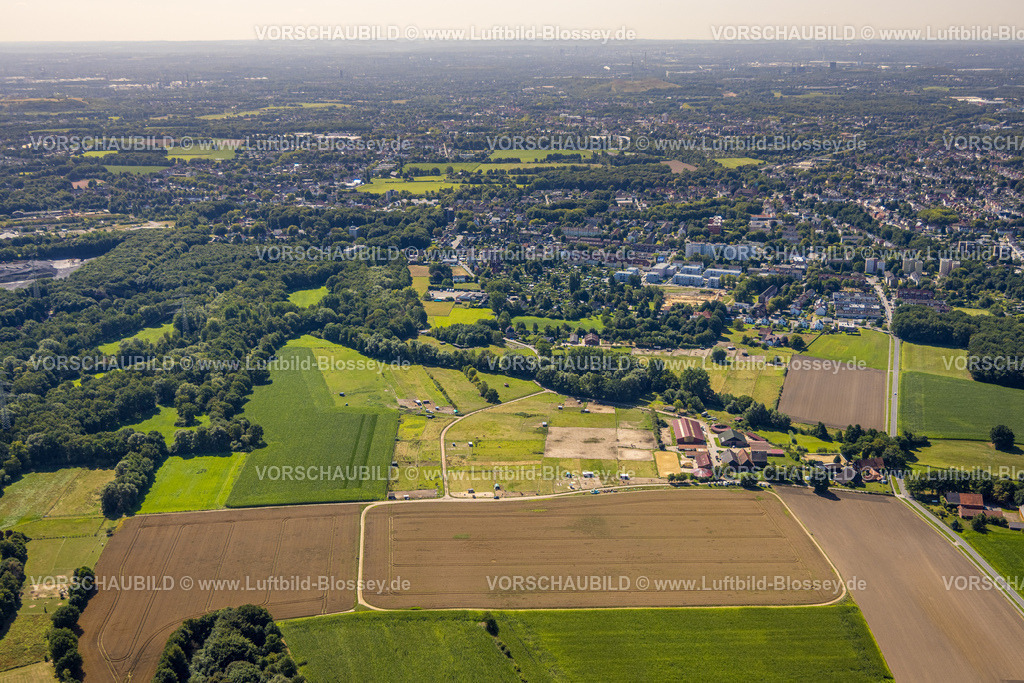 Gladbeck250801001 | Luftbild, Landwirtschaftlicher Betrieb und Wiesenfläche Rottstraße, Fernsicht, Zweckel, Gladbeck, Ruhrgebiet, Nordrhein-Westfalen, Deutschland