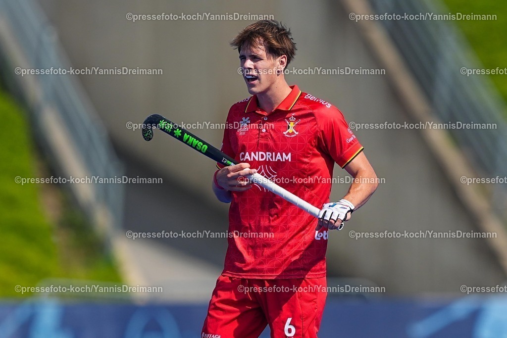 xydrx12082502022 | 12.08.2025, xydrx, Herren EuroHockey Championship 2025, Gruppenphase, Gruppe A, Spanien - Belgien, Sparkassenpark Mönchengladbach: Lucas Balthazar (BEL #6)