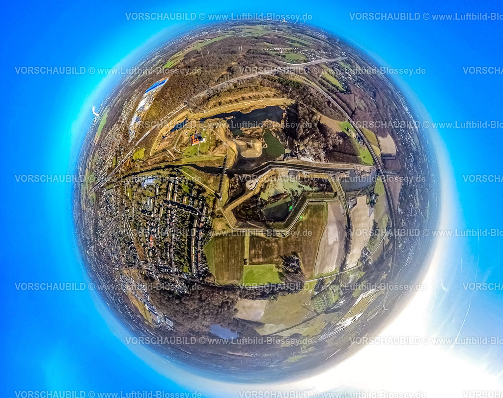 Castrop-Rauxel240190055EmscherRueckhaltebecken | Luftbild, RegenRückhaltebecken, Hochwasserrückhaltebecken Mengede / Emscher-Auen am Autobahndreieck Dortmund-Nordwest Mengede, Hof Emscher-Auen und Waldgebiet, Erdkugel, Fisheye Aufnahme, Fischaugen Aufnahme, 360 Grad Aufnahme, tiny world, little planet, fisheye Bild, Ickern, Castrop-Rauxel, Ruhrgebiet, Nordrhein-Westfalen, Deutschland