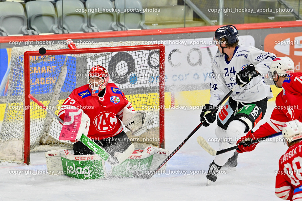 EC KAC Future Team vs. Die Adler Kitzbühl 7.10.2023 | #75 Kropiunig Ralf EC KAC FUTURE TEAM, #24 Müller Laurin EC Kitzbühel, EC KAC Future Team vs. Die Adler Kitzbühl 7.10.2023, EC KAC Future Team vs. Die Adler Kitzbühl am 07.10.2023 in Klagenfurt (Messehalle Klagenfurt), Austria, (Photo by Bernd Stefan)