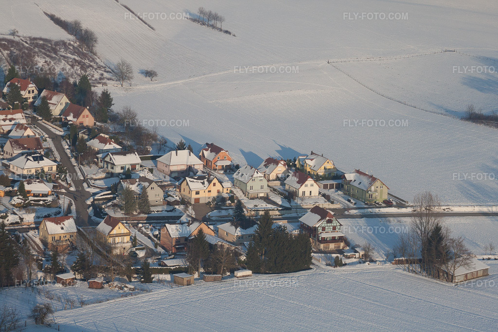 Aerial view: In winter when there is snow in Neewiller-près-Lauterbourg in the state Bas-Rhin, France.Photo: IMG_36664.jpg taken on 01/05/2011 by Werner Riehm/FLY-FOTO.comResolution of the original: 4752 x 3168 px