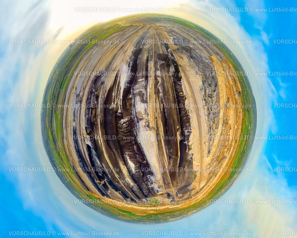 Inden240490009BraunkohleTagebauInden | Luftbild, BraunkohleTagebau Inden der RWE Power AG, Versorgung des Kraftwerks Weisweiler, Schaufelradbagger, Rheinisches Braunkohlerevier, Erdkugel, Fisheye Aufnahme, Fischaugen Aufnahme, 360 Grad Aufnahme, tiny world, little planet, fisheye Bild, Inden, Niederrhein, Nordrhein-Westfalen, Deutschland