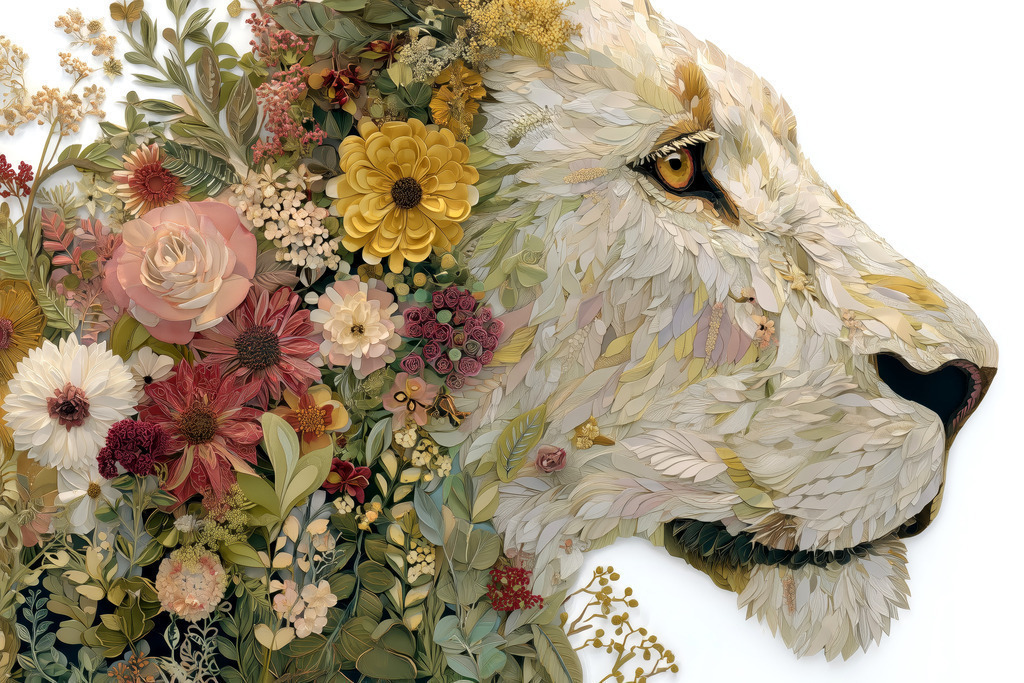 2507011 - Löwe des Sommers | Detailreiches Tierporträt mit floraler Struktur – eine moderne Komposition zwischen Naturstudie und Collagekunst.Blüten, Blätter und Federn formen das Löwengesicht in einem Stil, der an naturinspirierte Objektkunst erinnert.Ein Werk, das Stärke und Feinheit vereint – dekorativ, klar und zeitgemäß.