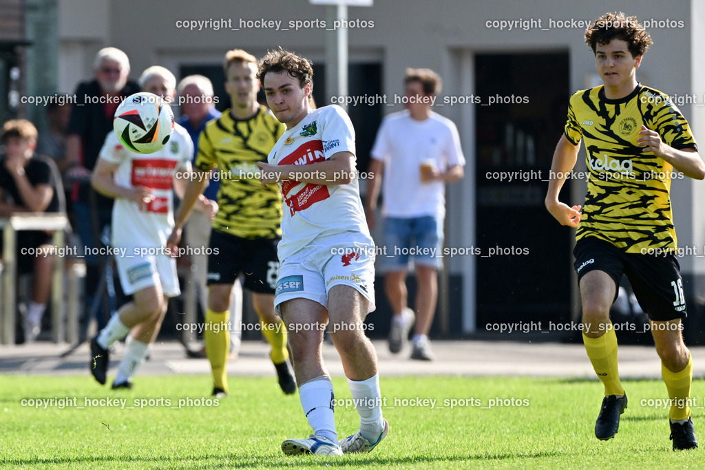 FC Faakersee vs. Rapid Lienz  | #18 Diego Mareschi Rapid Lienz, #16 Tobias Felix Waldner FC Faakersee, FC Faakersee vs. Rapid Lienz , FC Faakersee vs. Rapid Lienz  am 04.08.2024 in Faakersee (Sportplatz Faakersee), Austria, (Photo by Bernd Stefan)