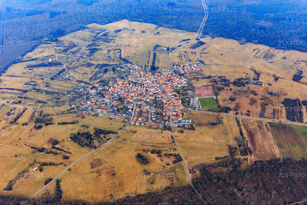 In einer Waldlichtung des Bienwalds gelegenes Dorf von Süden | Luftbild: In einer Waldlichtung des Bienwalds gelegenes Dorf von Süden im Ortsteil Büchelberg in Wörth im Bundesland Rheinland-Pfalz in Deutschland. Foto: IMG_096962.jpg vom 19.02.2017 durch Werner Riehm/FLY-FOTO.de - Realisiert mit Pictrs.com