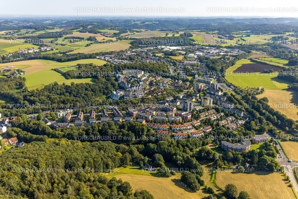 Velbert240811961Neviges | Luftbild, Wohngebiet Wohnsiedlung Rosenhügel mit Reihenhäusern und Hochhäusern, Konrad-Adenauer-Straße am Waldrand, Kleinehöhe, Velbert, Ruhrgebiet, Nordrhein-Westfalen, Deutschland