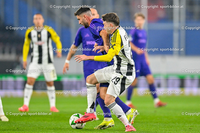 AUT, Fussball UEFA Conference League MD1, LASK (AUT) vs Djurgardens IF (SWE) | 03.10.2024, Oberoesterreich Arena Linz, AUT, UEFA Conference League MD1, LASK (AUT) vs Djurgardens IF (SWE), im Bild Besard Sabovic of Djurgardens IF vs Sascha Horvath of Lask// UEFA Conference League MD1, LASK Linz (AUT) vs Djurgardens IF (SWE) in Linz, Austria on 2024/10/03