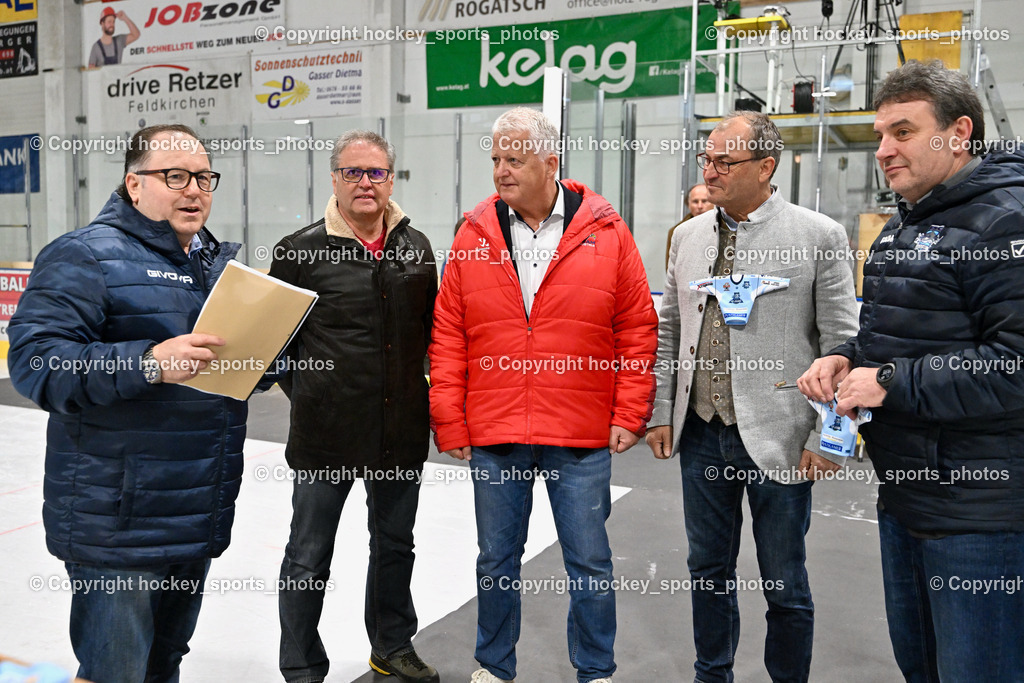 ESC Soccerzone Steindorf 50 Jahr Feier 26.2.2023 | Sportlicher Leiter ESC Steindorf Armin Rac, ÖEHV Präsident Klaus Hartmann, Bürgermeister Steindorf Georg Kavalar, Obmann ESC Steindorf Hans Tschernutter