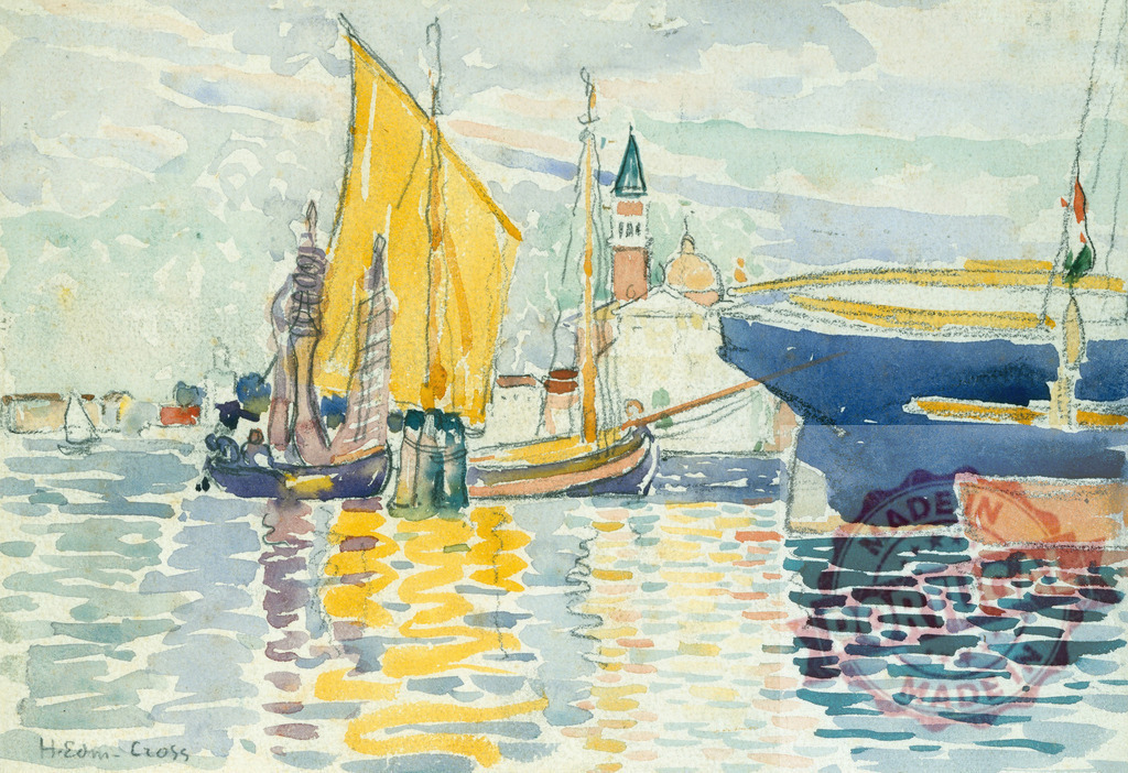 Henri Cross watercolor painting depicting sailboats in Venice harbor. Henri Edmund Cross | Sailboats floating on water with reflections, buildings, and a church tower in the background - Realisiert mit Pictrs.com