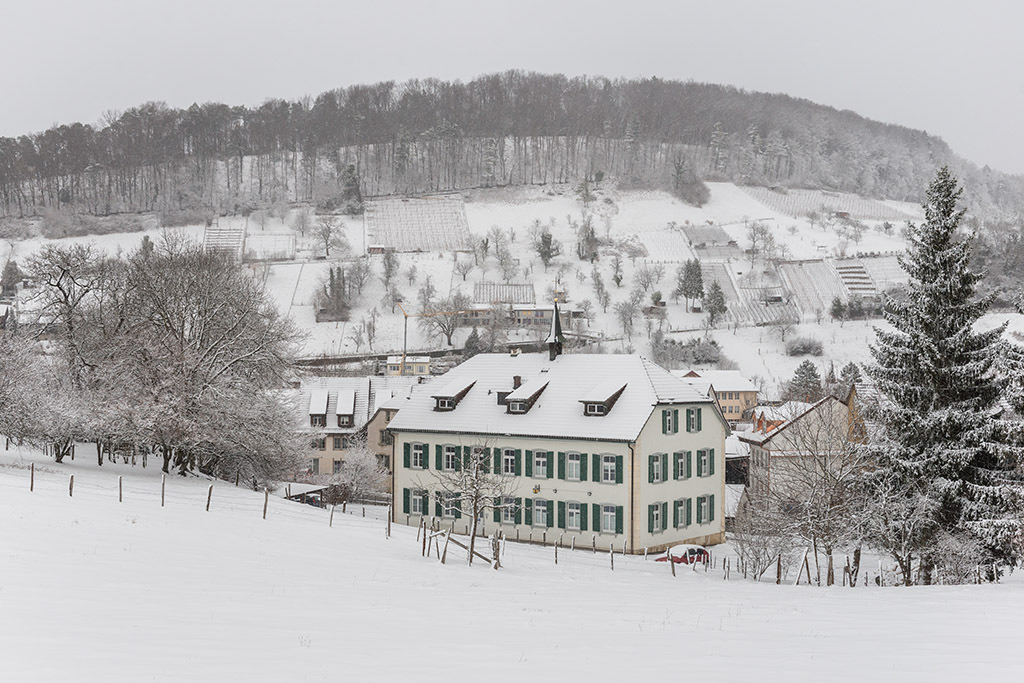 Gemeindehaus und Rebberg | im Winter in Ziefen, Baselland, Schweiz. - Realisiert mit Pictrs.com