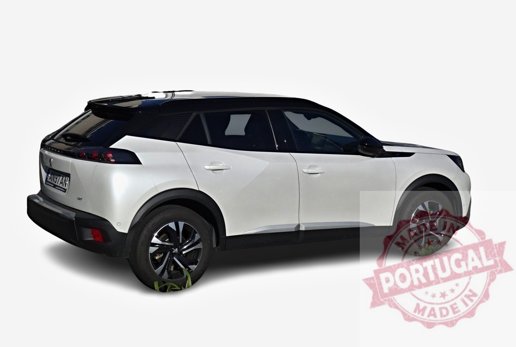 White Peugeot 2008 SUV parked on green grass | Modern white Peugeot 2008 SUV crossover car parked on green grass against white background - Realisiert mit Pictrs.com