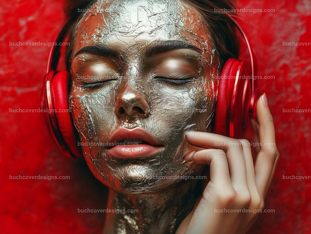 Gesicht einer Frau mit Kopfhörer (157) | realistic metallic painted woman head wear a red headphone and hold it with one hand, see the face - close up - studio light - vivid colors - high detail - realistic - photo - sureal --chaos 5 --ar 4:3 --stylize 50 --weird 100 --v 6.1 Job ID: 4333cde8-e8d0-4830-bc56-189559e9cf94