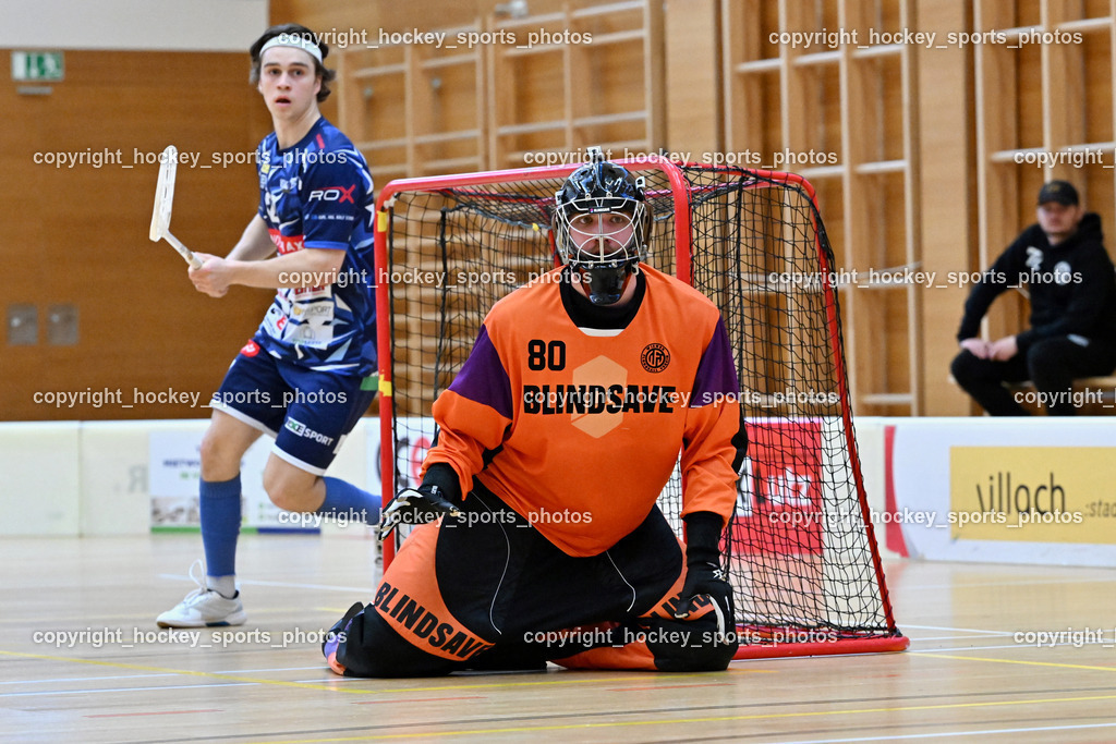 VSV Unihockey vs. Wiener Floorball Verein | #80 BEZUCHA Bernhard Wiener Floorballverein, #27 Lukas Floriantschitz VSV Unihockey, VSV Unihockey vs. Wiener Floorball Verein, VSV Unihockey vs. Wiener Floorball Verein am 18.05.2025 in Villach (Ballspielhalle St. Martin), Austria, (Photo by Bernd Stefan)