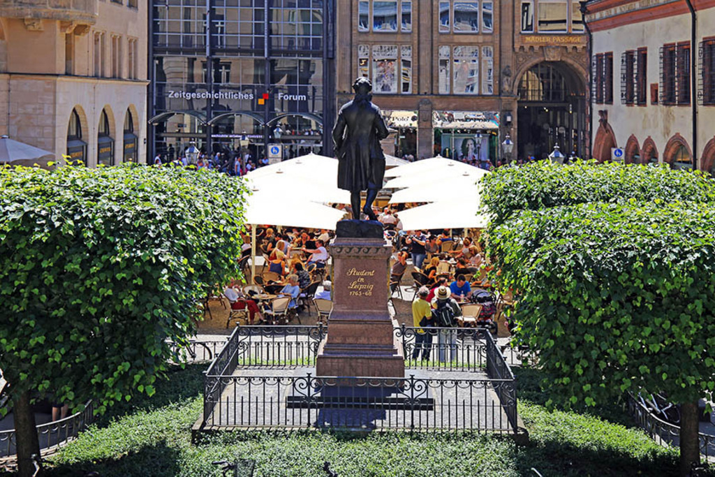 Bildlexikon Leipzig - Goethe-Denkmal - Blick auf den Naschmarkt zur Grimmaischen Straße | Das Team hinter BILDLEXIKON LEIPZIG bündelt historische wie aktuelle Informationen über die Stadt Leipzig in Text und Bild auf einer Plattform und stellt diese der interessierten Öffentlichkeit zur Verfügung.