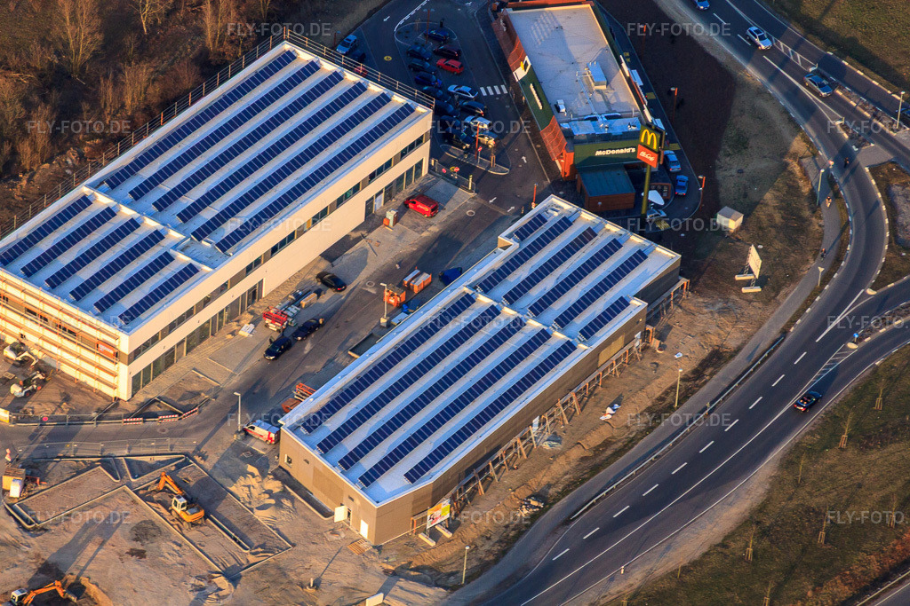 Luftbild: Maximiliancenter II mit Baustelle für dm und Sport Fink im Ortsteil Maximiliansau in Wörth im Bundesland Rheinland-Pfalz in Deutschland. Foto: IMG_48975.jpg vom 16.03.2012 durch Werner Riehm/FLY-FOTO.de