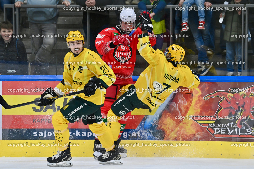 KSV KÄNGURUS vs. EHC Lustenau | #21 Haberl Lucas EHC Lustenau, #7 Hrdina Stefan EHC Lustenau, #92 Lyssy Phileas KSV, KSV KÄNGURUS vs. EHC Lustenau, KSV KÄNGURUS vs. EHC Lustenau am 14.03.2026 in Kapfenberg (Sportzentrum Kapfenberg), Austria, (Photo by Bernd Stefan)