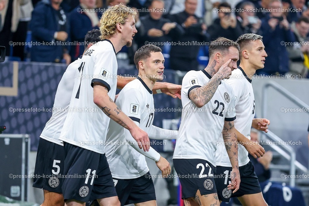 DFB10102502153 | 10.10.2025, Fußball, Länderspiel, Deutschland - Luxemburg, UEFA WM-Qualifikation, 2025/2026, Gruppe A, PreZero Arena in Sinsheim: Torjubel nach dem Tor zum 1:0 durch Torschütze David Raum (GER #22) zusammen mit Nick Woltemade (GER #11) Florian Wirtz (GER #17) Nico Schlotterbeck (GER #15) DFB regulations prohibit any use of photographs as image sequences and or quasi-video.