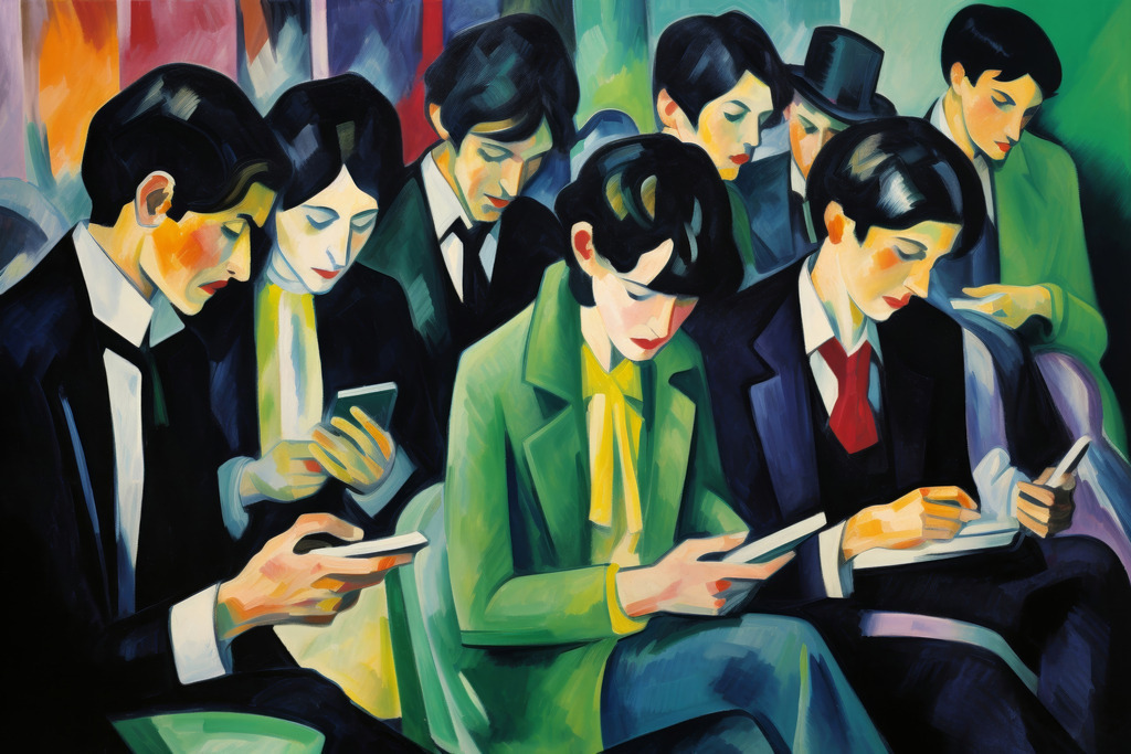 2402047 - Kommunikation | Menschen, die auf Smartphones starren, im Stil eines expressionistischen Gemäldes.