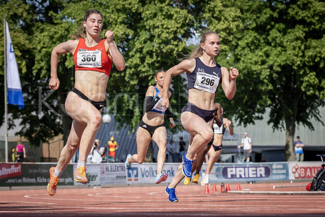B&amp;S Kurpfalz Gala; Weinheim, 23.05.2026 | WEINHEIM, GERMANY - MAY 24: Liara Schulze (GER/LC Rehlingen) and Veronika Miller (GER/Munich Athletics) over 200m during the B&amp;S Kurpfalz Gala am 23.05.2026 at the  Sepp-Herberger-Stadium in Weinheim (Baden-Wuerttemberg / Germany).