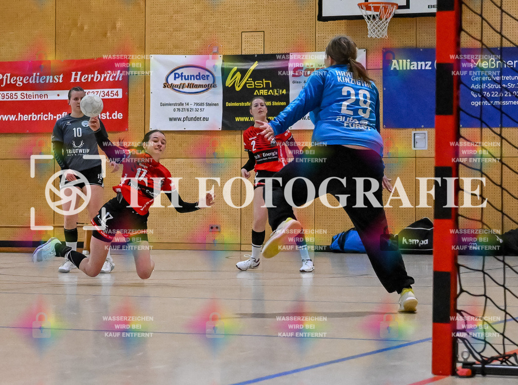 GER, SG Maulburg/Steinen - HB Kinzigtal, Frauen-Handball, Oberliga Suedbaden, 21. Spieltag, Saison 2024/2025, 06.04.2025 | Davina Schmidt (SG Maulburg/Steinen, #17), Franziska Weiß (HB Kinzigtal)GER, SG Maulburg/Steinen - HB Kinzigtal, Frauen-Handball, Oberliga Suedbaden, 21. Spieltag, Saison 2024/2025, 06.04.2025Foto: TH Fotografie/Thomas Hess