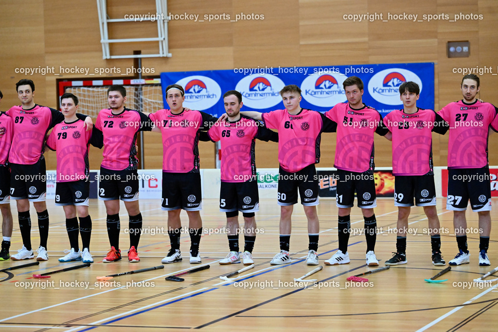 VSV Unihockey vs. Wiener Floorballferein 6.4.2024 | #87 Christian Lindquist Wiener Floorballverein, #79 Christopher Langer Wiener Floorballverein, #72 Vladislav Smirnov Wiener Floorballverein, #71 Christoph Platzer Wiener Floorballverein, #65 Ondrej Bilek Wiener Floorballverein, #60 Jakub Kyr Wiener Floorballverein, #51 Alex Egenhofer Wiener Floorballverein, #29 Jonas-Justus Dopona Wiener Floorballverein, #27 Tobias Schrottenbacher Wiener Floorballverein, VSV Unihockey vs. Wiener Floorballferein 6.4.2024, VSV Unihockey vs. Wiener Floorballferein  am 06.04.2024 in Villach (Ballspielhalle St. Martin), Austria, (Photo by Bernd Stefan)