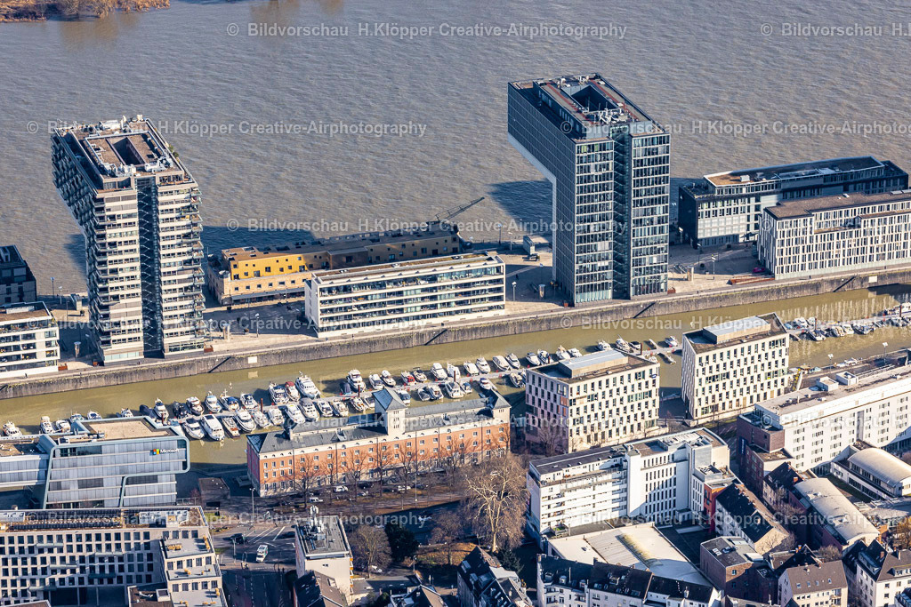 Luftbilder Köln-6854 | Luftaufnahme Wohngebiet einer Mehrfamilienhaussiedlung " Kranhäuser " am Ufer- und Flussverlauf des Rhein - Realisiert mit Pictrs.com