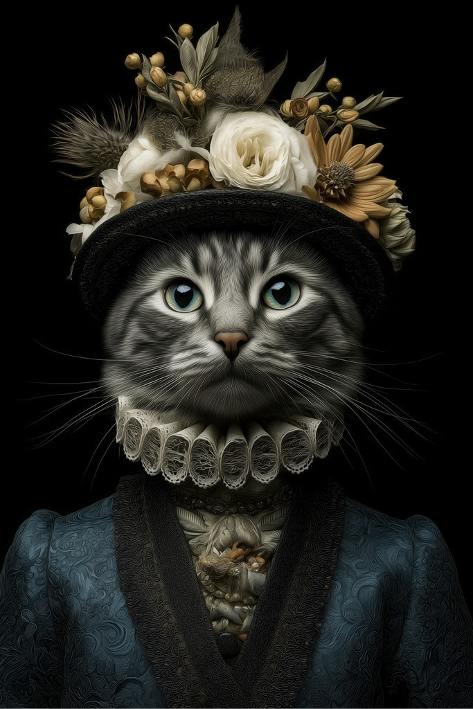 2603005 - Katze als Baronin | Ein würdevolles Porträt im Stile der alten Meister. Die herrschaftliche Katze trägt eine aufwendige Mühlsteinkrause der Renaissance und einen reich verzierten Blumenhut des späten 19. Jahrhunderts. Der strenge Blick und die kostbaren Stoffe strahlen eine unnahbare Autorität aus. Ein Werk, das die Grenze zwischen Tierreich und Hochadel.
