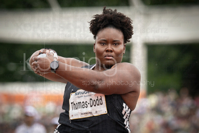 Golden Oval; Dresden, 31.05.2026 | DRESDEN , GERMANY - MAY 31:  Danniel Thomas-Dodd (JAM / Jamaica) competes in the women’s shot put during the Golden Oval Continental Tour Silver meeting on May 31, 2026 at Heinz-Steyer-Stadion in Dresden, Saxony, Germany.