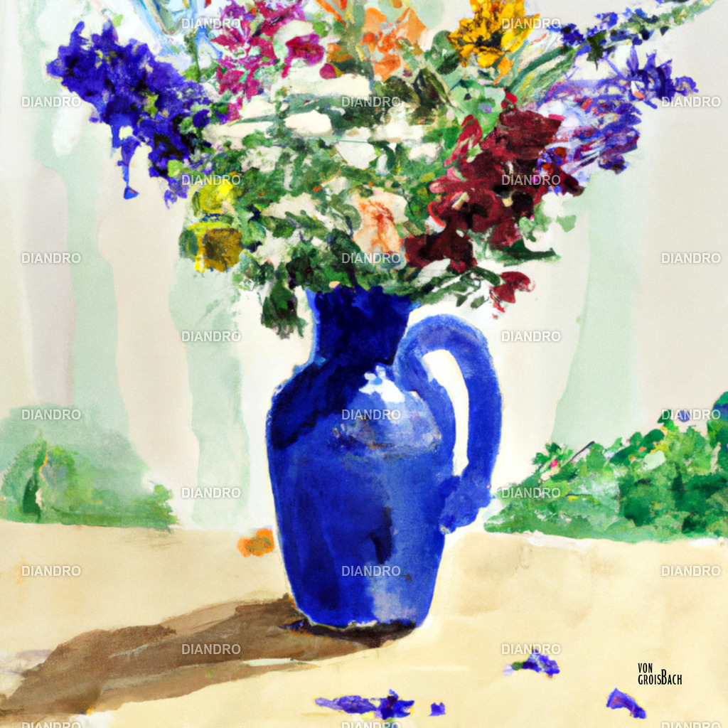 Blaue Vase mit Juliblumen Aquarell | DIANDRO
