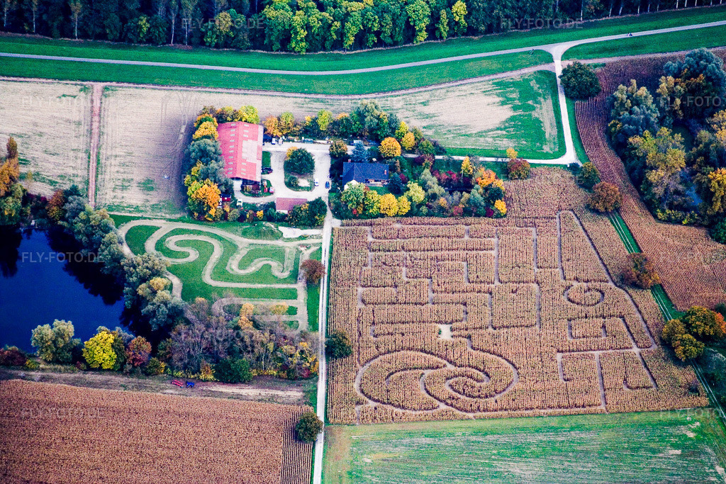 Luftbild: Maislabyrinth Seehof in Leimersheim im Bundesland Rheinland-Pfalz in Deutschland. Foto: IMG_14140.jpg vom 12.10.2008 durch Werner Riehm/FLY-FOTO.de