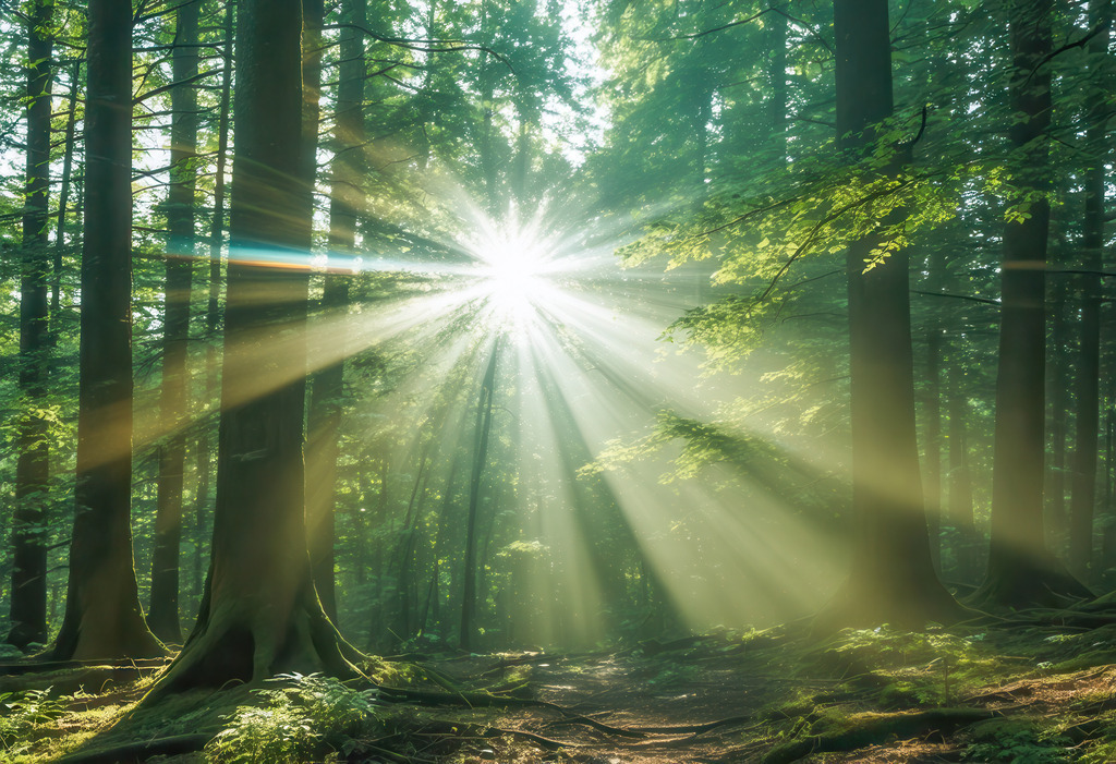 Wandbild: Sonnenstrahlen im stillen Wald | Ein berührendes Naturmotiv, das die Ruhe und Kraft des Waldes einfängt: Durch dicht stehende Bäume brechen kraftvolle Sonnenstrahlen und tauchen den Waldboden in ein magisches Lichtspiel. Dieses Wandbild symbolisiert Frieden, Klarheit und die stille Schönheit der Natur – perfekt für Wohnzimmer, Arbeitszimmer oder meditative Räume. KI-generierte Inhalte.